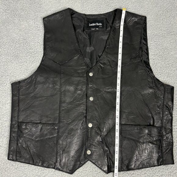 Leather Works Mens 2XL Patchwork Black Genuine Leather Snap Vest Pockets - Picture 7 of 16